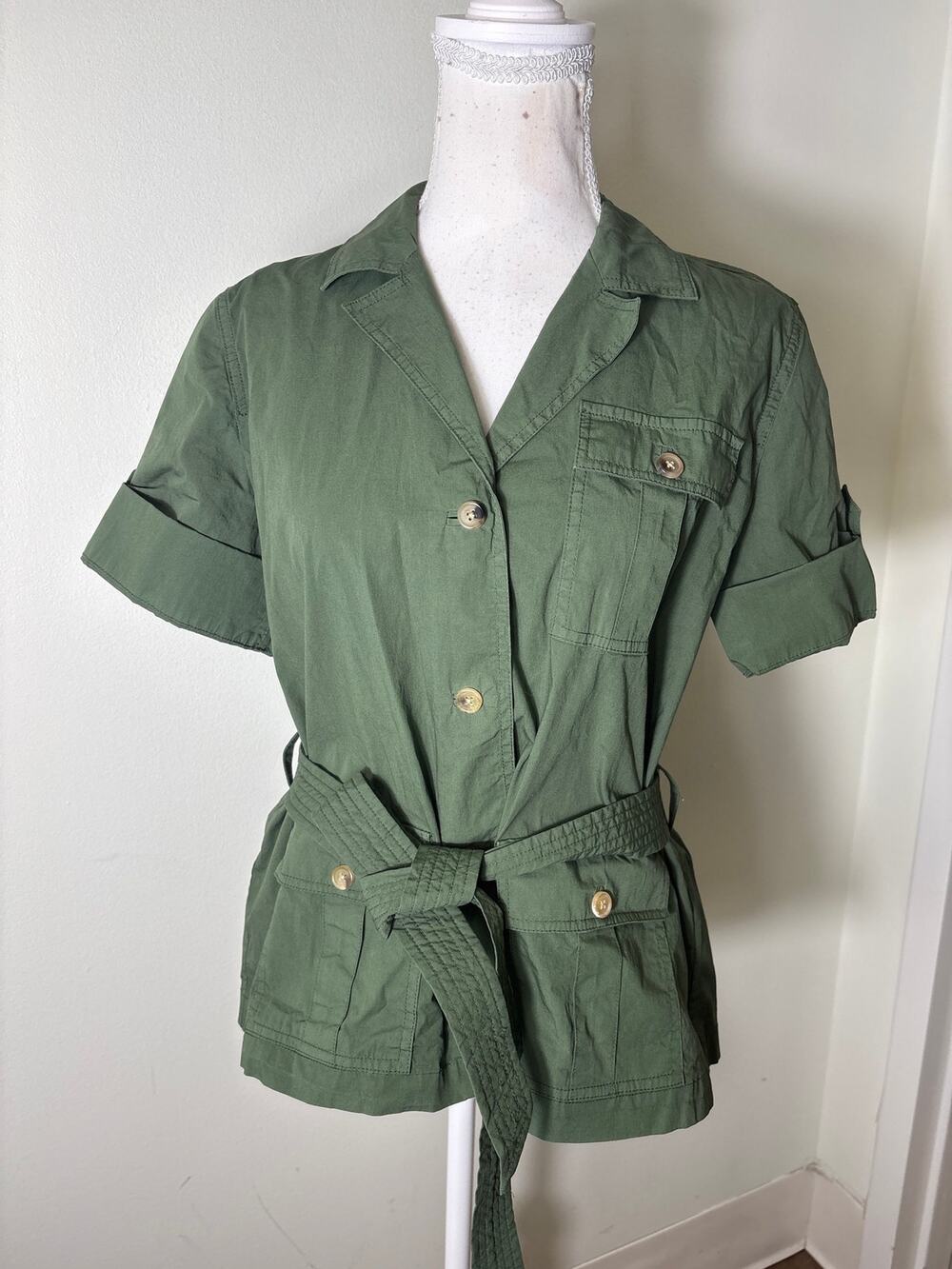 NWT Ann Mashburn Green Tess Short Sleeved Safari Shirt Sz M